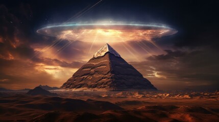 Wall Mural - an alien pyramid with a ufo above it. generative ai.
