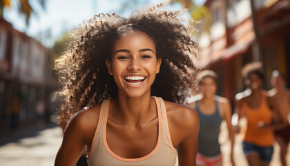 Poster - Young woman outdoors, smiling with confidence, enjoying leisure activity generated by AI