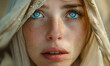 close up portrait of a woman with blue eyes in a veil looking up