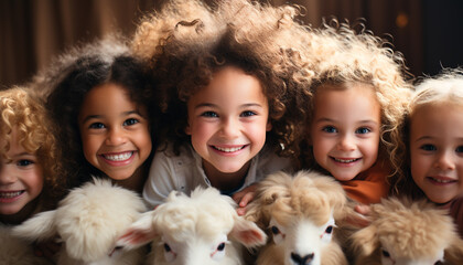 Canvas Print - Group of children smiling, playing with animals, enjoying nature generated by AI