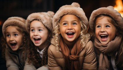 Canvas Print - Cute children playing, smiling, laughing, enjoying winter celebration outdoors generated by AI