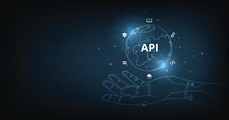 Leinwandbilder - Application Programming Interface (API). Software development tools, information technology, modern technology, internet, and networking concepts on a dark blue background.	