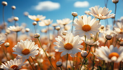 Poster - Bright yellow daisy blossoms in a vibrant meadow landscape generated by AI