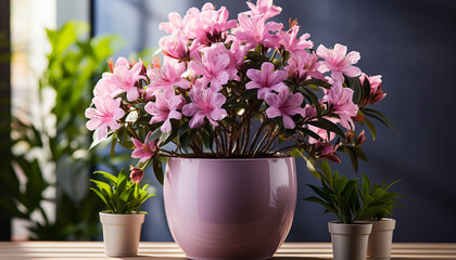 Poster - A fresh pink flower blossoms in a green vase generated by AI