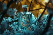 © GreenMOM - Elegant perfume bottle nestled in spring blossoms, evoking a sense of luxury and freshness.