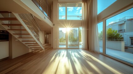 A two-story living room with bright wood tones and a minimalist design. Bright rooms in wood tones. For advertising and open plan interior design