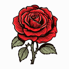 Sticker - Rose with leaves woodcut style drawing vector