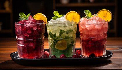 Wall Mural - Fresh summer cocktail with mint leaf, raspberry, and citrus fruit generated by AI
