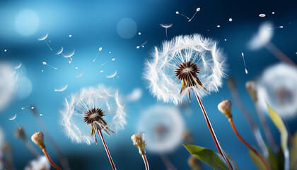 Canvas Print - Fluffy dandelion seed flying in the summer meadow softness generated by AI