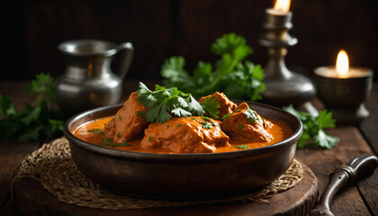 Wall Mural - Close up shot of a steaming plate of butter chicken adorned with fresh cilantro leaves, sitting invitingly on a rustic dark wooden table, the creamy sauce glistening under the warm lighting
