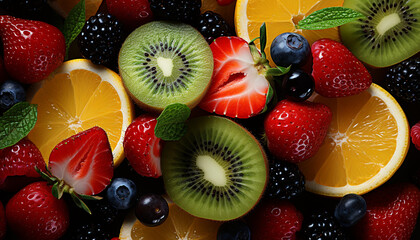 Wall Mural - Freshness of summer fruits strawberry, kiwi, blueberry, raspberry, orange generated by AI