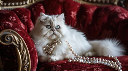 Wall Mural - Persian cat wearing luxury pearl and sitting on red sofa