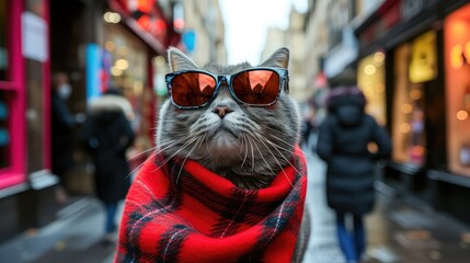 Wall Mural - Scottish fold cat wearing trendy glasses in the middle of the city