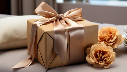 Sticker - Romantic gift box wrapped in elegant yellow satin paper generated by AI