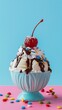 Sundae Delight, colorful and indulgent ice cream sundae topped with whipped cream, generative AI