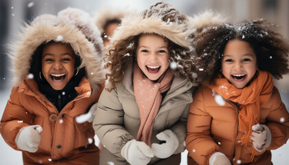 Poster - Smiling winter happiness, cheerful outdoors, snow fun, Caucasian and African ethnicity generated by AI