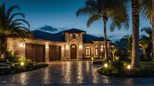 Luxury Home With Paver Block Driveway, Palm Trees, Greenery Landscaping And Swimming Pool At Night From Generative AI