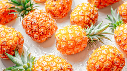 Pattern of ripe natural Pineapples with drops of juice against white background. Tropical fruits backdrop. Concept of healthy food, vegan or vegetarian diet, tropical fruits and harvest