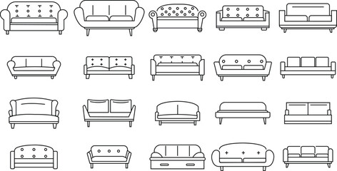 Poster - Set of Sofa, couch icons in line styles editable stock. Outline signs pictogram on transparent background. Furniture symbols illustration. Pixel perfect vectors for website designs and mobile apps.