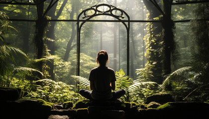 Poster - One person meditating in tranquil forest, finding spirituality and balance generated by AI