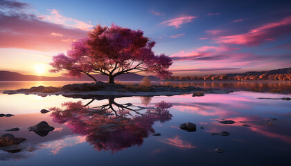 Wall Mural - Tranquil sunset reflects on water, nature serene beauty generated by AI