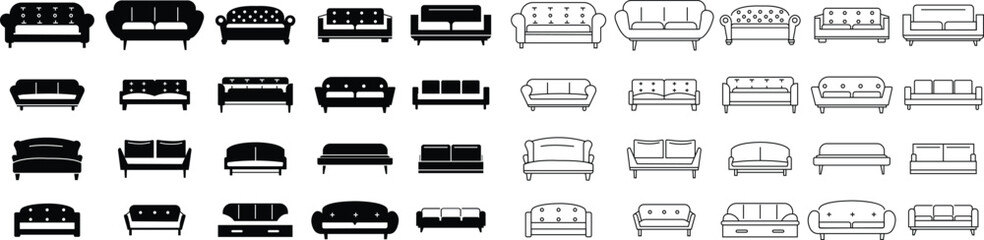 Poster - Set of Sofa, couch icons in flat styles editable stock. Outline signs pictogram on transparent background. Furniture symbols illustration. Pixel perfect vectors for website designs and mobile apps.