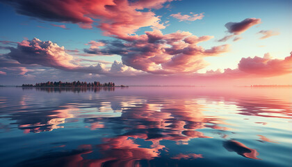 Wall Mural - Sunset over water, reflecting tranquil dusk in nature beauty generated by AI