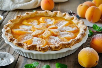 Sticker - Apricot pie with mint and powdered sugar on a white plate kitchen table filled with apricots