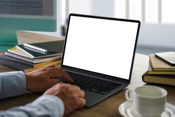 Poster - man using laptop screen blank, mockup work at home office copy space