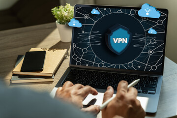Fototapete - vpn security network with man using a laptop protection private network