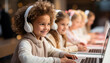 Smiling boys and girls studying together, using headphones and technology generated by AI