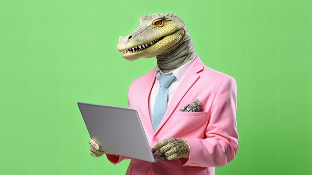 Crocodile alligator in suit holding a laptop while working on bright pastel background. advertisement. presentation. commercial. editorial. copy text space.