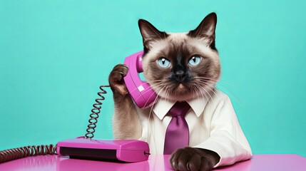 Fototapete -  Siamese cat in suit talking on the phone while working on bright pastel background. advertisement. presentation. commercial. editorial. copy text space.