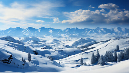 Poster - Tranquil winter landscape  snowy mountains, blue sky, and frozen forest generated by AI