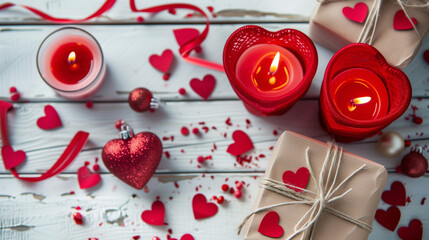 Wall Mural - Hearts presents and candles in red on a white wooden background valentine's Day