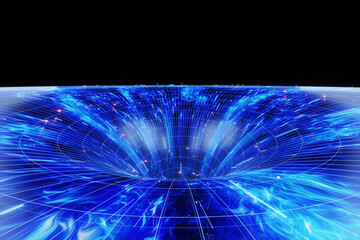 Wall Mural - A tunnel in space connecting two points in spacetime. Concept space travel, teleportation, black hole. 3D illustration, 3D render, copy space.
