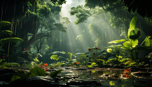 Tranquil Scene  Green Leaves, Fresh Water, Tropical Rainforest Beauty Generated By AI