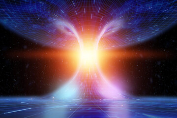 Wall Mural - The coiled space of time is connected by a tunnel or wormhole, the Einstein-Rosen Bridge. Science Fiction, space travel, overcoming the speed of light. 3D illustration, 3d rendering, copy space.