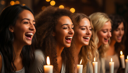 Poster - Smiling women enjoy nightlife, laughter, and carefree bonding indoors generated by AI