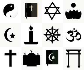 mixed silhouette religious symbols set vector  christianity buddism islam shinto taoism hinduism judaism