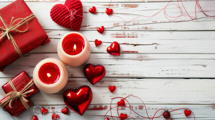 Wall Mural - Hearts presents and candles in red on a white wooden background valentine's Day