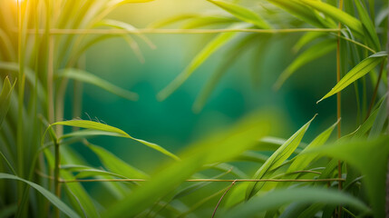 Wall Mural - frame of fresh wheat leaves isolated on blurred abstract sunny background banner, nature scene with asian spirit and copy space