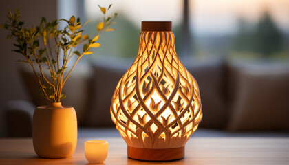 Sticker - Elegant vase on wooden table, illuminating the cozy living room generated by AI