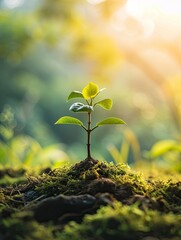 panorama small tree growing with sunrise. green world and earth day concept - generative ai