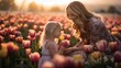Mother's Day - mother and daughter in flower field, Generative ai