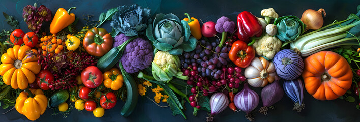  A vibrant display of a variety of fruits and vegetables arranged on a table, with the produce stacked together in rainbow colors, creating a visually appealing display.