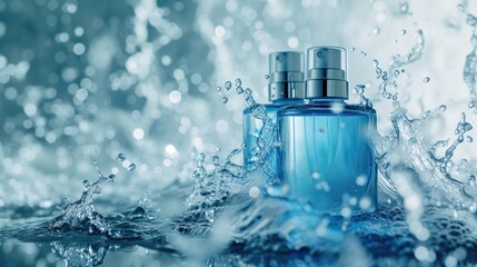 two product bottle cosmetic blue with water splash