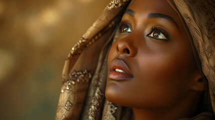 Biblical character. Close up portrait of a black woman with a shawl looking up.