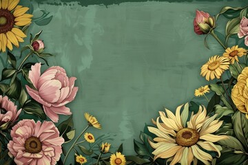 Beautiful flowers on green vintage wooden plank background