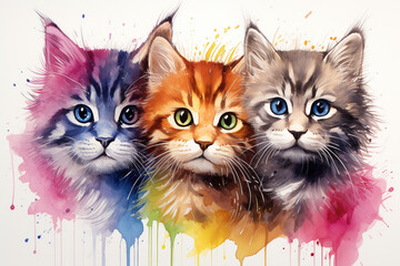 Three kittens with colorful splashes on white background. Digital painting.